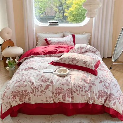 Red and cream floral bedding set with ruffled edges from decorbites colorful bedding set for vibrant bedroom decor
