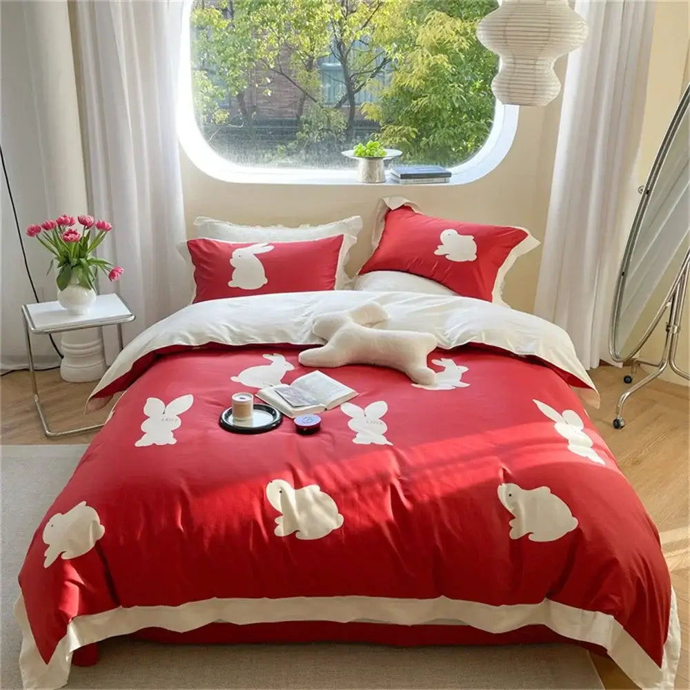 Red bunny-themed duvet bedding set with white embroidered rabbits and matching pillowcase for decorbites colorful bedding set