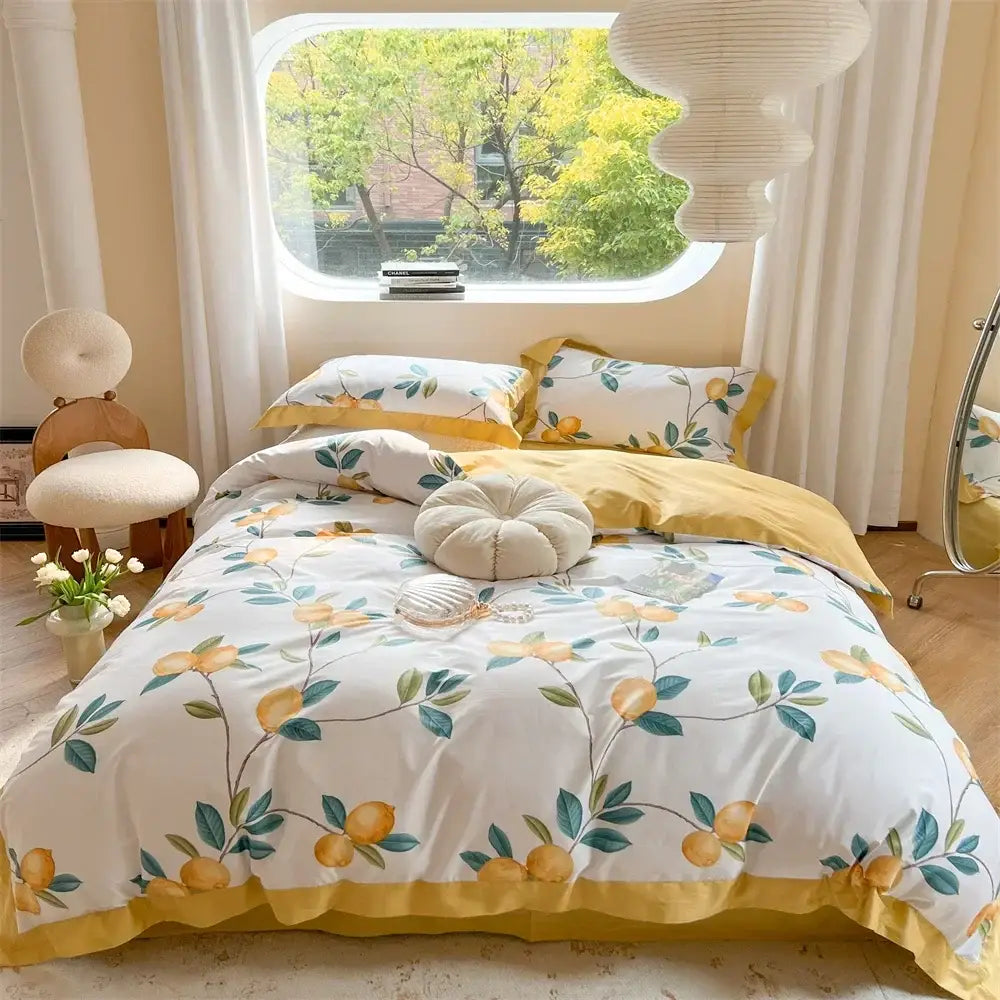 Lemon-themed bedding set with white base yellow green botanical print and matching yellow ruffled edges for colorful decorbites bedding set