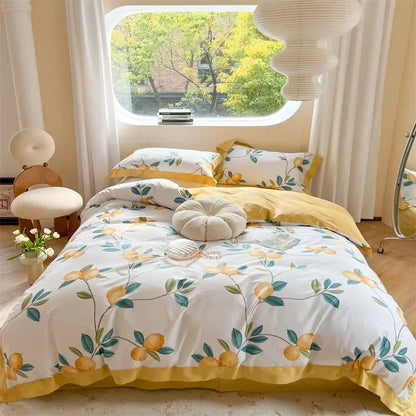 Lemon-themed bedding set with white base yellow green botanical print and matching yellow ruffled edges for colorful decorbites bedding set
