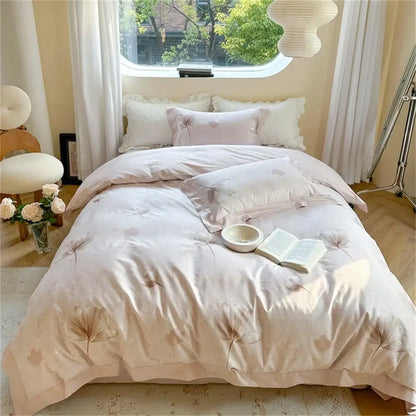 A soft blush pink satin duvet cover set with delicate dandelion seed embroidery from decorbites colorful bedding set