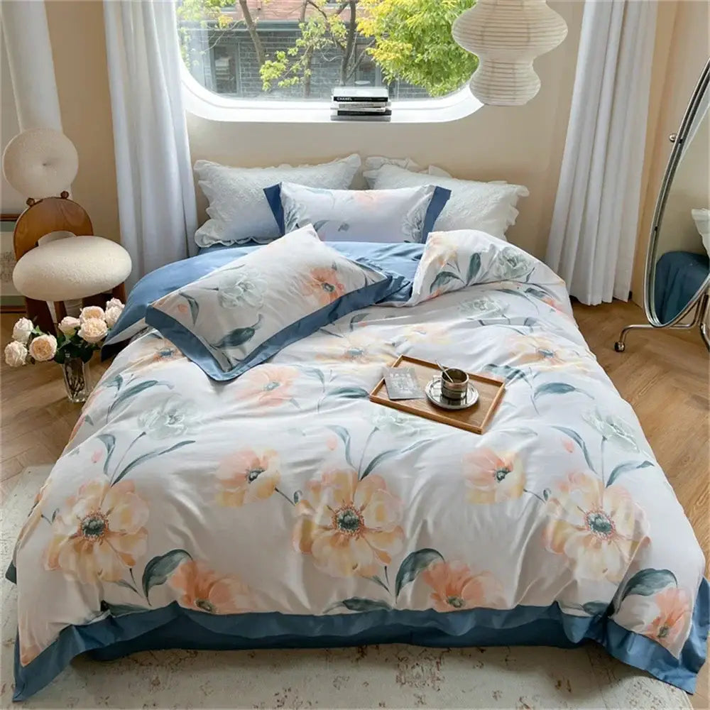 Soft floral pastel blue and peach satin bedding set with ruffled duvet cover from decorbites colorful bedding collection