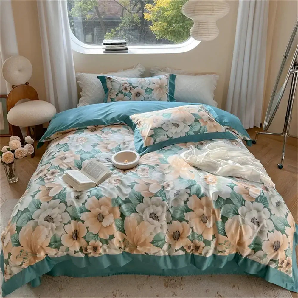 Pastel blue and peach floral bedding set featuring a teal and cream duvet with ruffled edges from decorbites colorful bedding