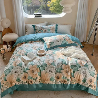 Pastel blue and peach floral bedding set featuring a teal and cream duvet with ruffled edges from decorbites colorful bedding