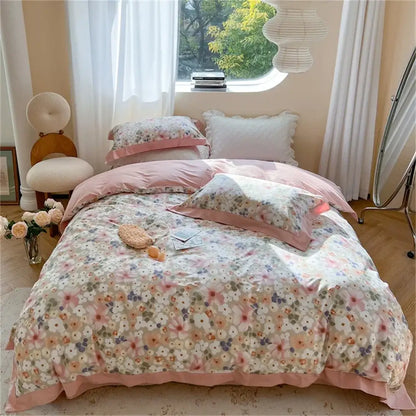 Pink floral bedding set with pastel blossoms in shades of pink white and lavender for decorbites colorful bedding