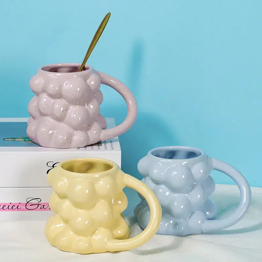 Pastel bubbly grape ceramic mug with textured surface and curved handle for kitchen milk cup decorbites grape ceramic gift