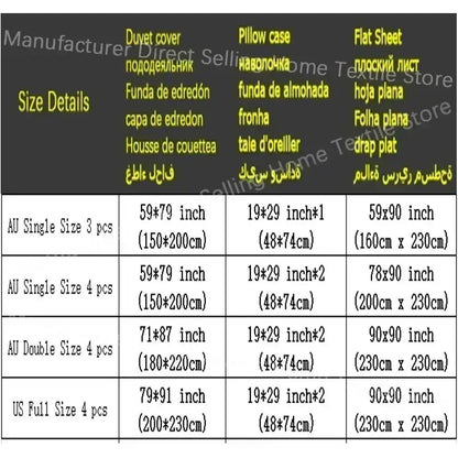 Product size chart for pastel bunny and flower cartoon print bedding set with dimensions in inches and centimeters decorbites cartoon print