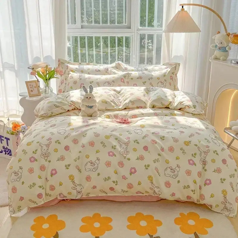 Cream-colored decorbites cartoon print bedding set with pastel pink yellow flowers and cotton fabric for bedroom decor