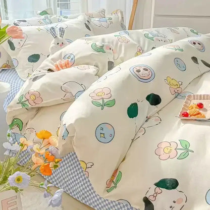 Cute cream-colored bedding set with pastel bunny and flower cartoon print on soft fabric for decorbites cartoon print decor