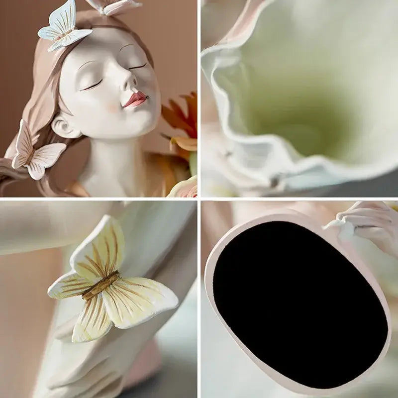 A delicate porcelain butterfly girl flower vase with soft pink hair and white butterflies for living room decor