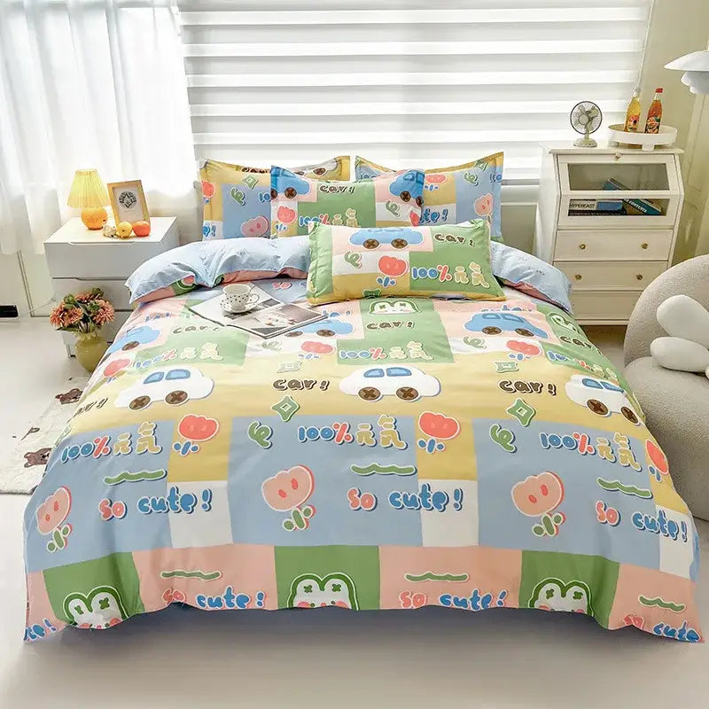 Pastel cartoon dog duvet set with playful car pig and frog designs on soft cotton fabric by decorbites happy
