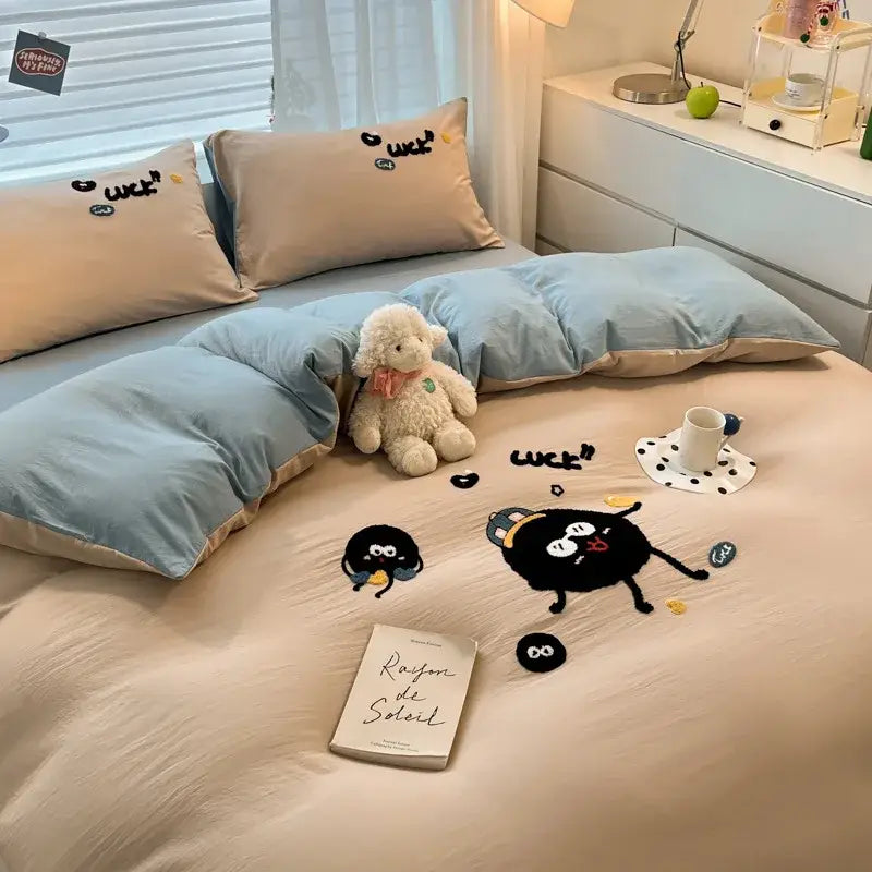 Beige and light blue pastel cartoon embroidered cotton bedding set with luck designs for bedroom decorbites cartoon embroidered
