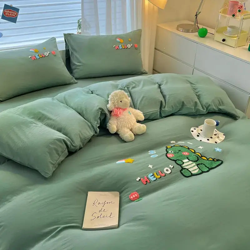 Mint green pastel cartoon embroidered cotton bedding set with dinosaur theme and colorful hello accents for bedroom decorbites cartoon embroidered