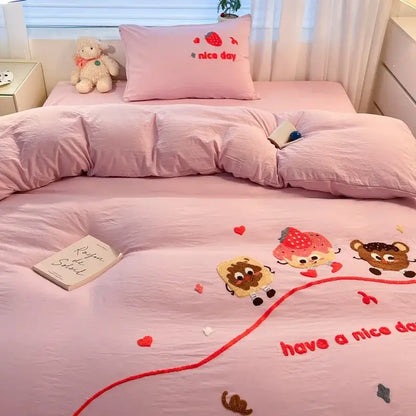 Pink cartoon embroidered cotton bedding set featuring decorbites strawberry motifs for bedroom use