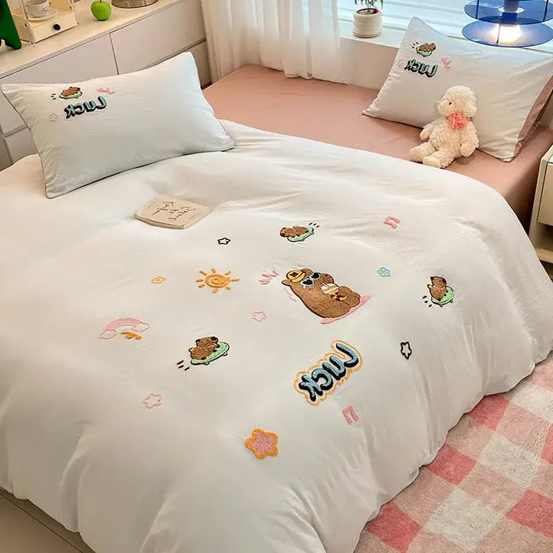 White cotton bedding set with pastel decorbites cartoon embroidered bears suns and stars for bedroom decor