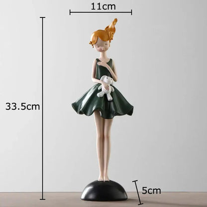 A 33.5cm tall cartoon girl resin sculpture with orange hair holding a white stuffed rabbit on a black base for decorbites