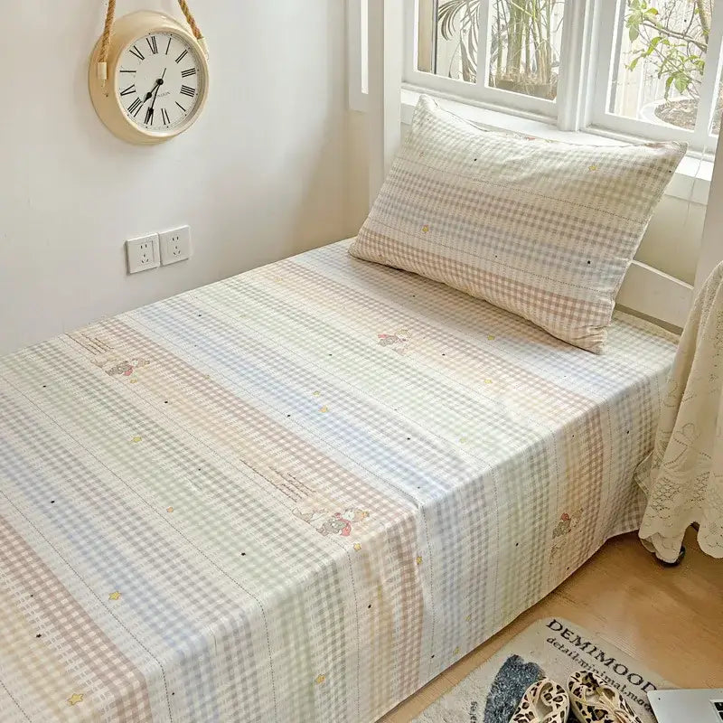 Pastel checkered cotton grid bedding set featuring gingham pattern with embroidered cartoon characters and gold stars