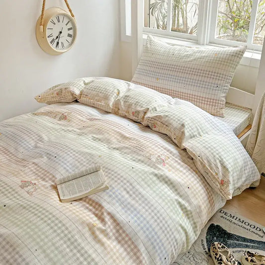 Pastel checkered cotton grid pattern bedding set with soft fabric and subtle embroidered decorbites cotton grid illustrations