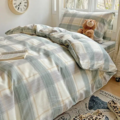 Pastel checkered cotton grid pattern bedding set featuring soft sage green cream and beige plaid duvet with subtle sheen