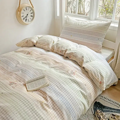 Pastel checkered cotton printed student bedding set with soft vintage-style character illustrations for bedroom decorbites cotton printed decor