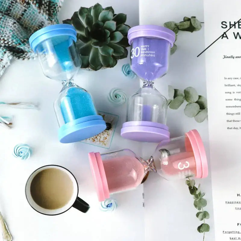 Pastel colorful glass hourglass sand timer set with blue purple and pink glittery sand for kids bedroom decorbites hourglass sand