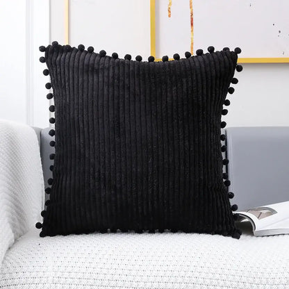 Black corduroy pompom cushion cover with black pom-poms for decorbites corduroy pompom living room decor