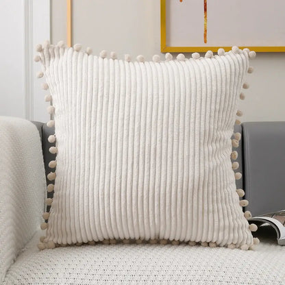 Cream-colored corduroy pompom cushion cover with soft fluffy pom-poms along edges for living room decorbites decor