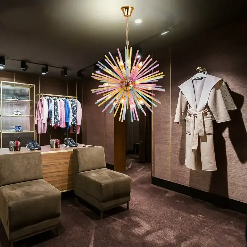 Pastel dandelion pendant lamp starburst chandelier with multicolored glass rods and gold-toned fixture by decorbites