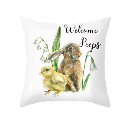 White throw pillow cover with easter egg bunny watercolor illustration and welcome peeps text for spring decor
