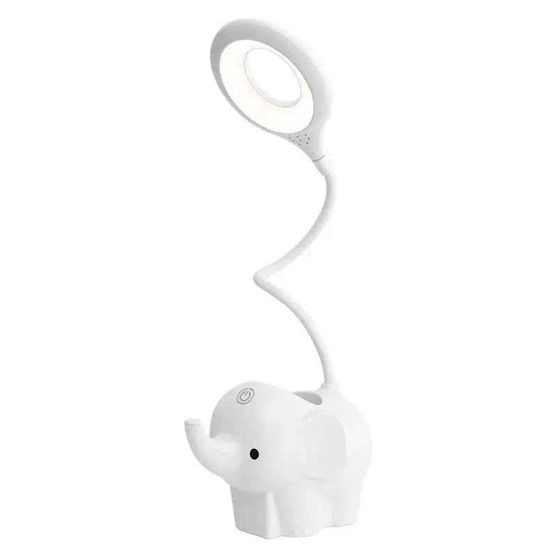 Pastel white elephant led table lamp with flexible gooseneck and circular light for bedroom eye protection decorbites elephant led