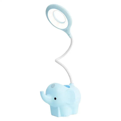 Light blue pastel elephant led table lamp with flexible gooseneck and circular led head for bedroom decorbites elephant led