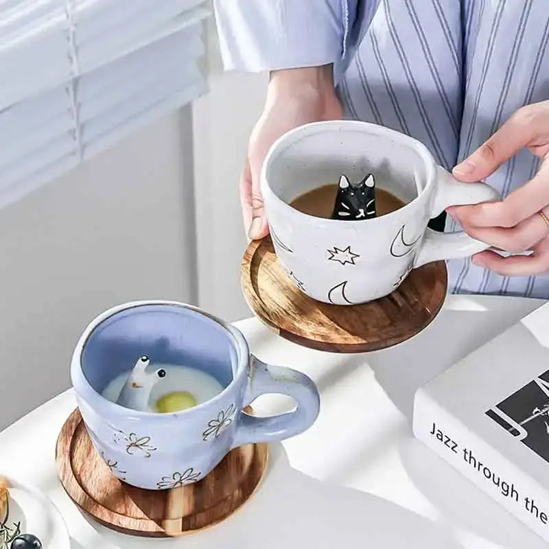 White ceramic cartoon animal coffee mug with black cat figurine and celestial stars and moon decorbites 3d cartoon design