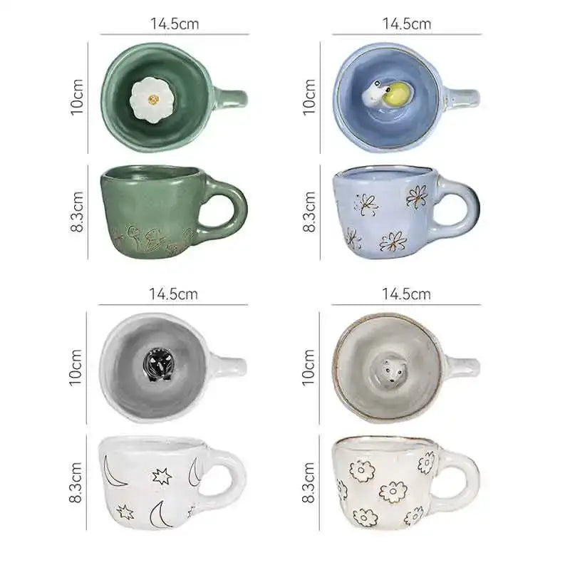 Set of six ceramic cartoon animal coffee mugs with pastel floral and celestial decorbites 3d cartoon designs
