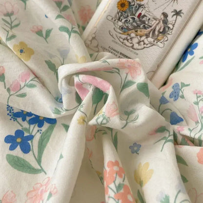 Soft cream-colored decorbites korean lace bedding set with delicate pastel floral pattern for elegant bedroom decor