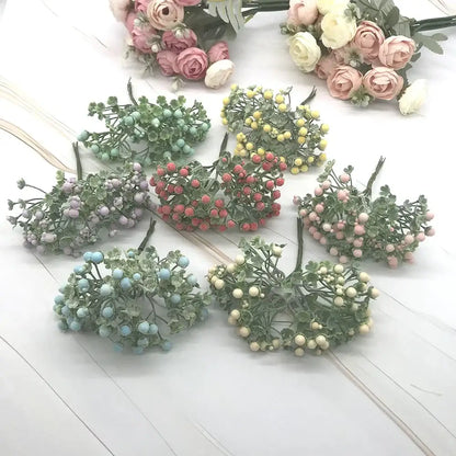 Pastel foam ball artificial flower set with pink blue yellow and white berry-like blossoms for living room decorbites decor