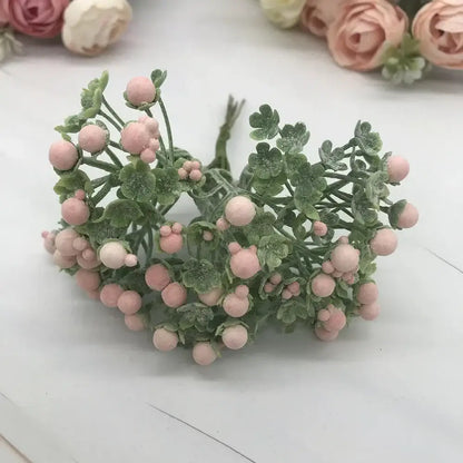 Delicate pastel foam ball artificial flower set with soft pink berries and frosted green leaves for living room decorbites decor