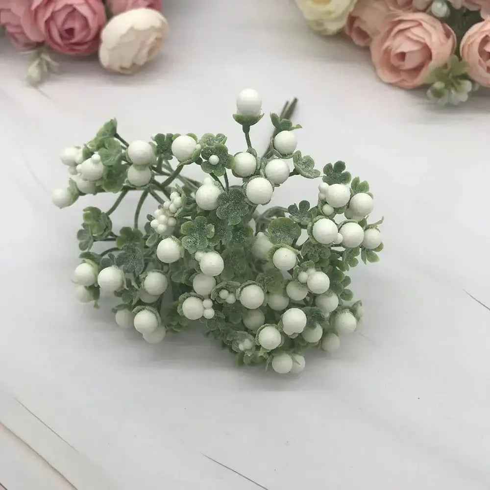 Delicate cluster of white foam ball artificial berries with frosted green leaves for pastel decorbites living room decor
