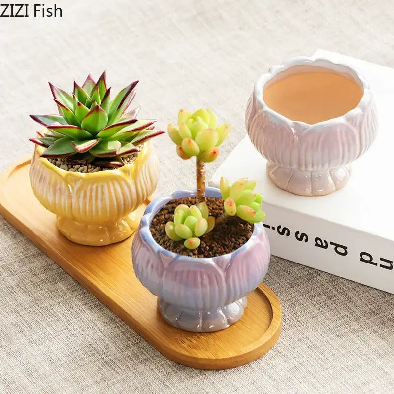 Pastel gradient lotus flower ceramic succulent pots with ridged texture and matching saucers for bedroom decorbites decor