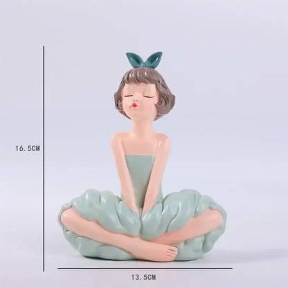 A pastel green bowknot fairy girl resin figurine in matte finish with teal bunny ears for bedroom decor