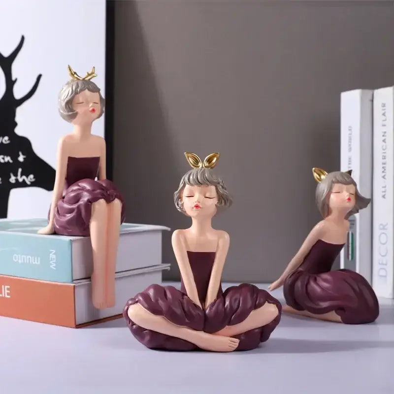 Three maroon satin bowknot fairy girl figurines with gray hair and gold antler headpieces for bedroom decor