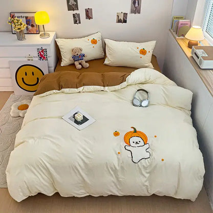 Cream-colored quilted duvet cover with cute ghost and pumpkins embroidery from decorbites cartoon embroidery bedding set