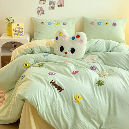 Pastel green bedding set with colorful decorbites cartoon towel embroidery and white plush cat pillow for bedroom decor