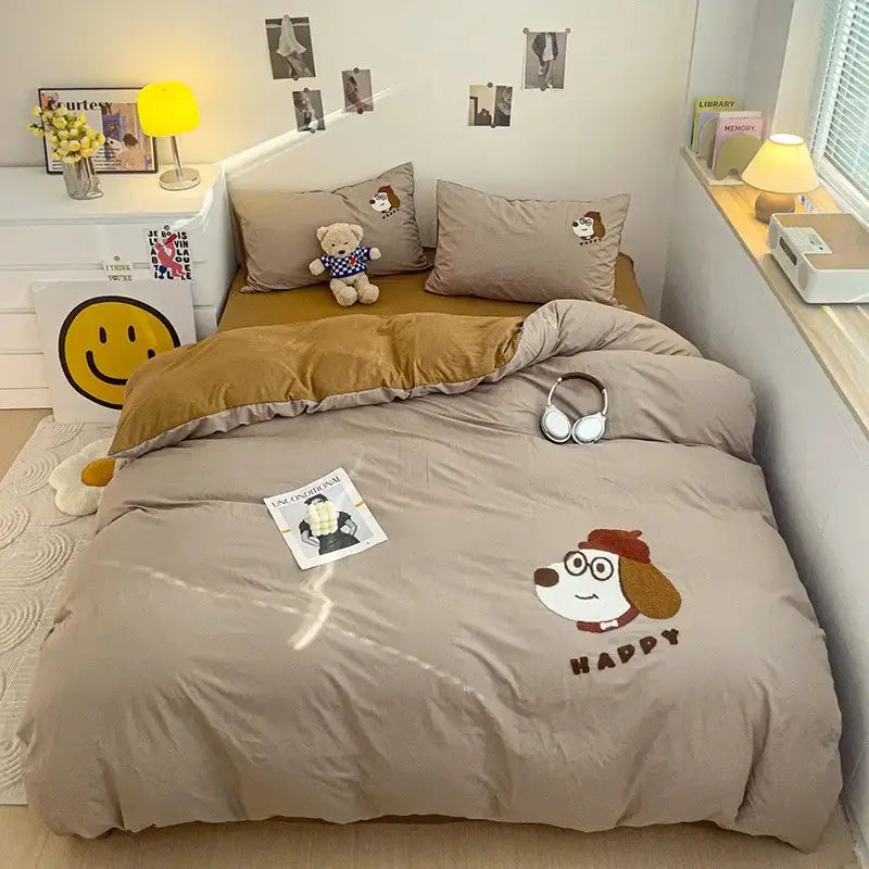 Beige dog-themed bedding set with cartoon towel embroidery featuring a puppy wearing glasses and beret decorbites cartoon towel