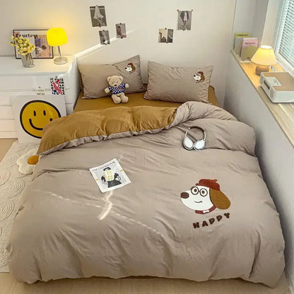 Beige dog-themed bedding set with cartoon towel embroidery featuring a puppy wearing glasses and beret decorbites cartoon towel