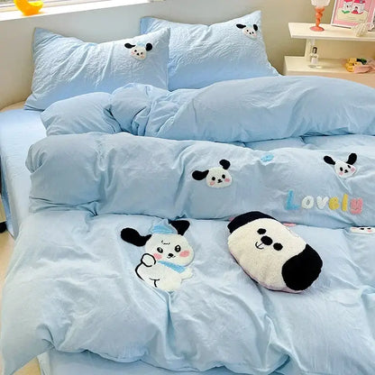 Pastel green cartoon towel embroidery bedding set featuring light blue plush panda decorbites cartoon towel design
