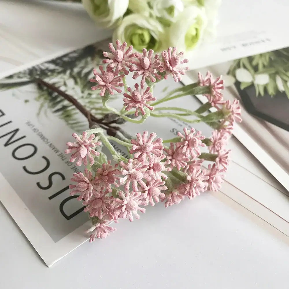 A delicate cluster of pink fuzzy artificial flowers in a pastel multi color decorbites decorative vase set for living room decor