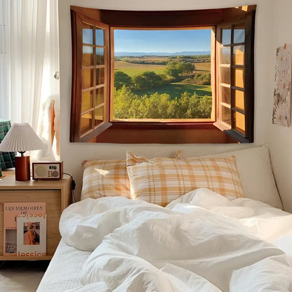 Wooden-framed window scenery tapestry featuring sunlit pastel ocean sunset for bedroom decorbites dreamy window art