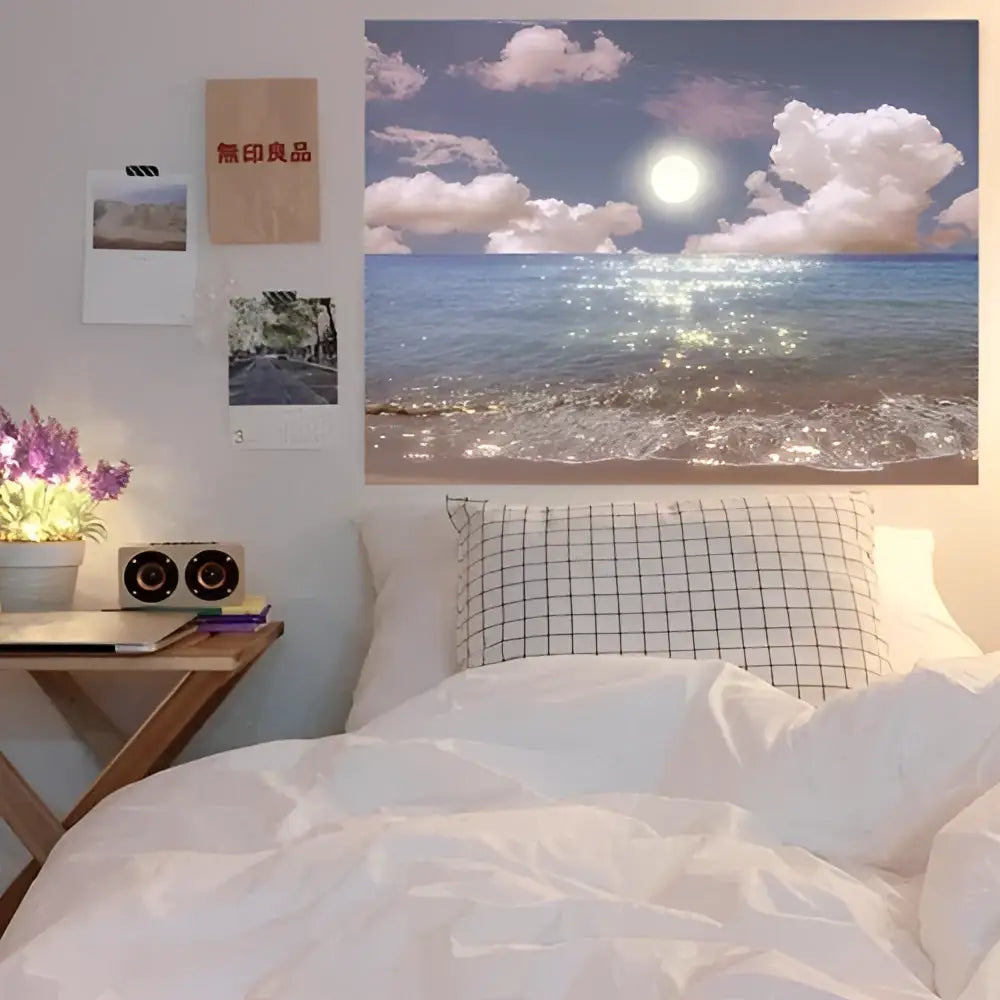 Pastel ocean sunset dreamy window scenery tapestry wall art with bright sun fluffy clouds and sparkling blue waves