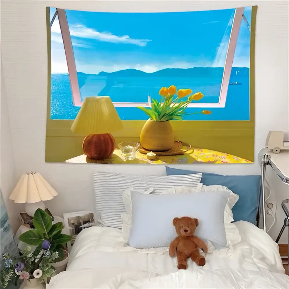Pastel ocean sunset dreamy window scenery tapestry with vibrant blue ocean and yellow tulips decorbites bedroom wall art