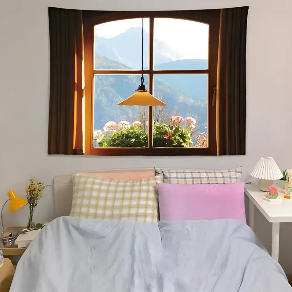 Pastel ocean sunset dreamy window scenery tapestry with arched glass pane and dark brown curtains for bedroom decorbites decor